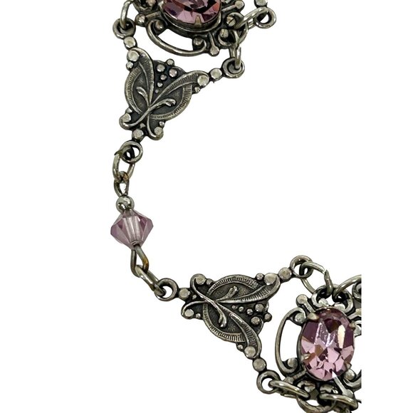 Sadie Green Vtg Bracelet Silver Tone Faux Amethyst Floral Filigree Panels Beads - Picture 7 of 16